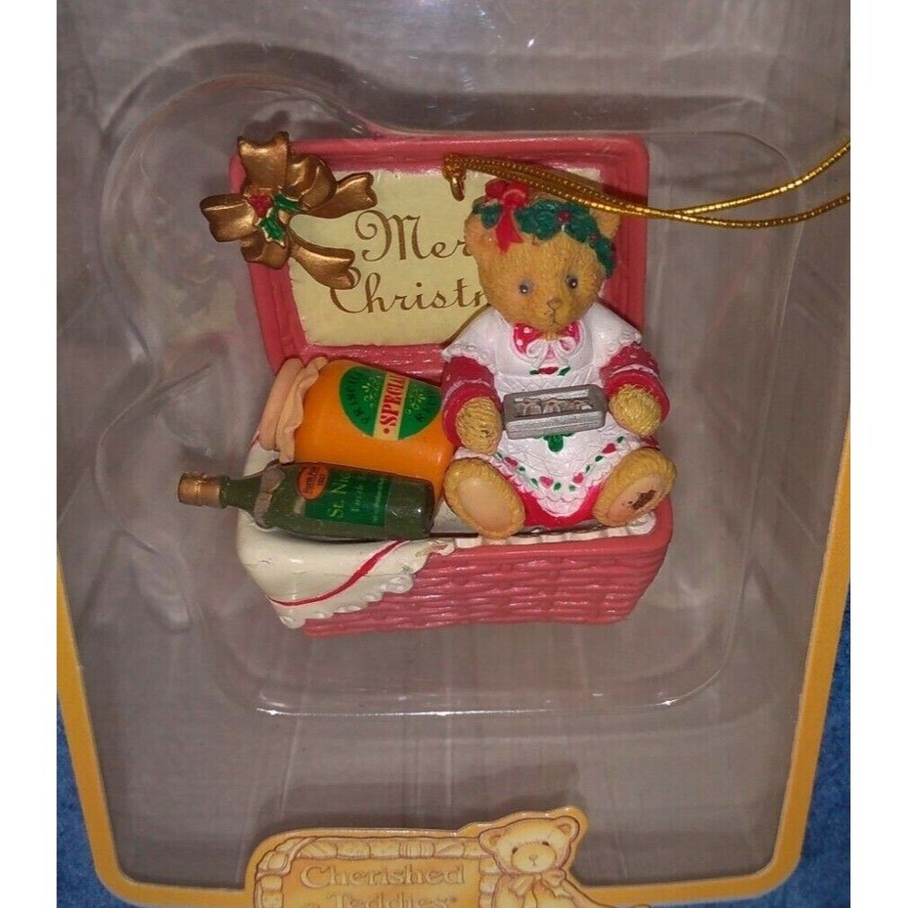 Vtg Enesco Cherished Teddies Bear Ornament 1998 Merry Christmas Basket 406627